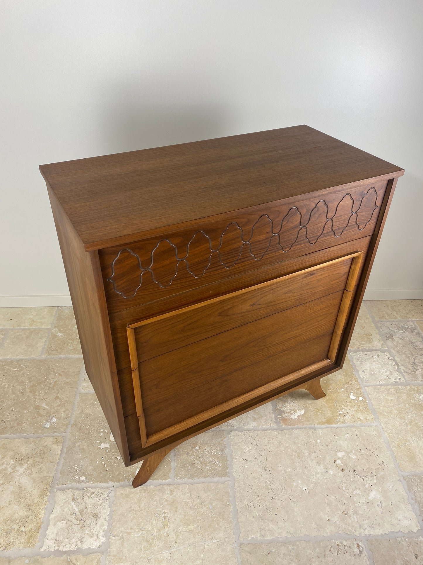 Mid Century Modern Tall Walnut Dresser with front angled legs and 4 drawers