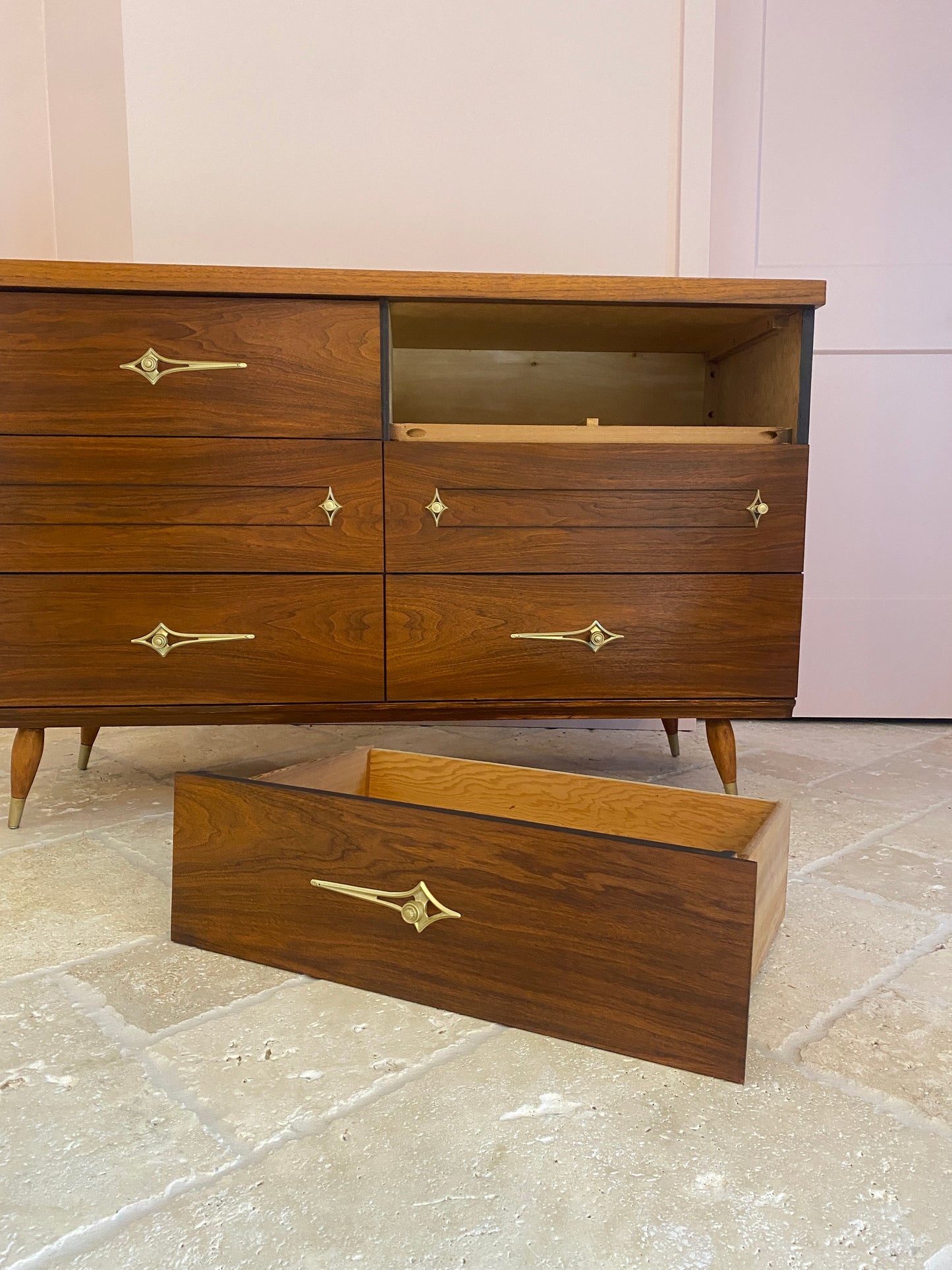 Mid Century Modern Walnut Dresser with Original Atomic Starburst Hardware