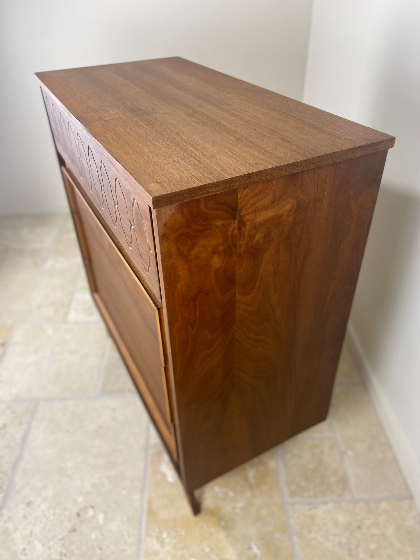 Mid Century Modern Tall Walnut Dresser with front angled legs and 4 drawers