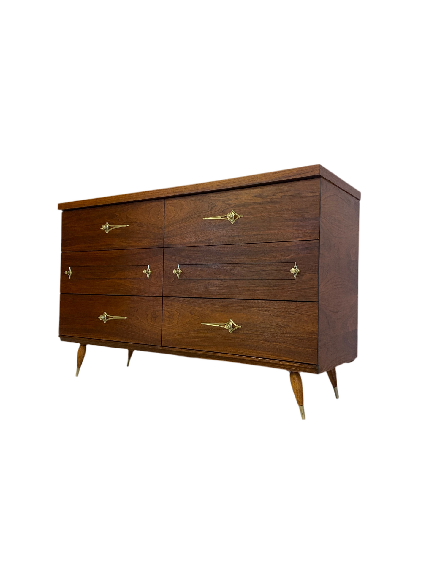 Mid Century Modern Walnut Dresser with Original Atomic Starburst Hardware