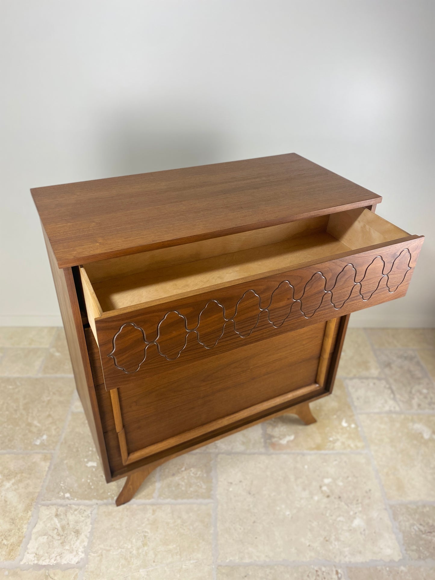 Mid Century Modern Tall Walnut Dresser with front angled legs and 4 drawers