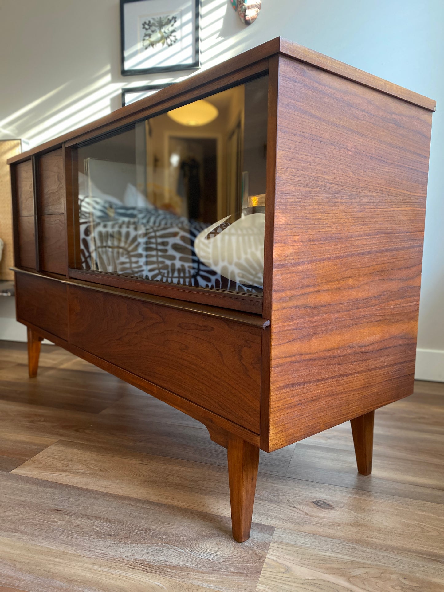 Mid Century Modern Walnut Credenza with Sliding Glass Doors