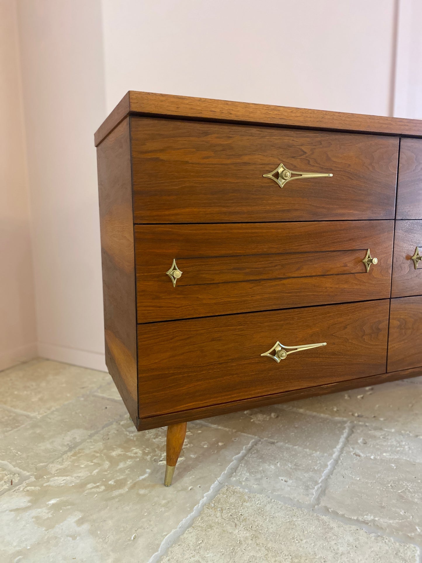 Mid Century Modern Walnut Dresser with Original Atomic Starburst Hardware