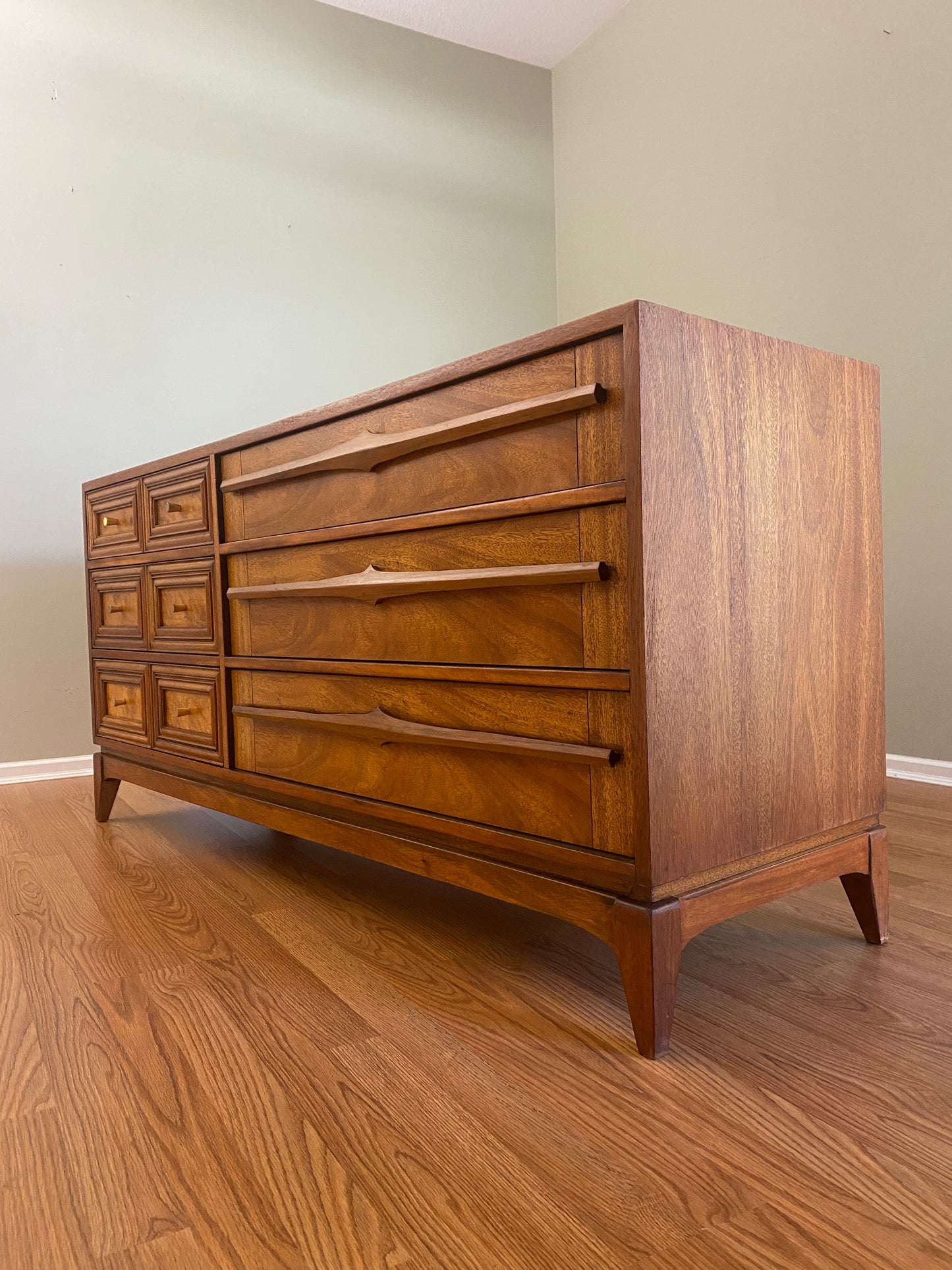 Mid Century Modern 6 Drawer Dresser with Burl Accents and Bespoke Drawer Pulls OOAK by Pepplers