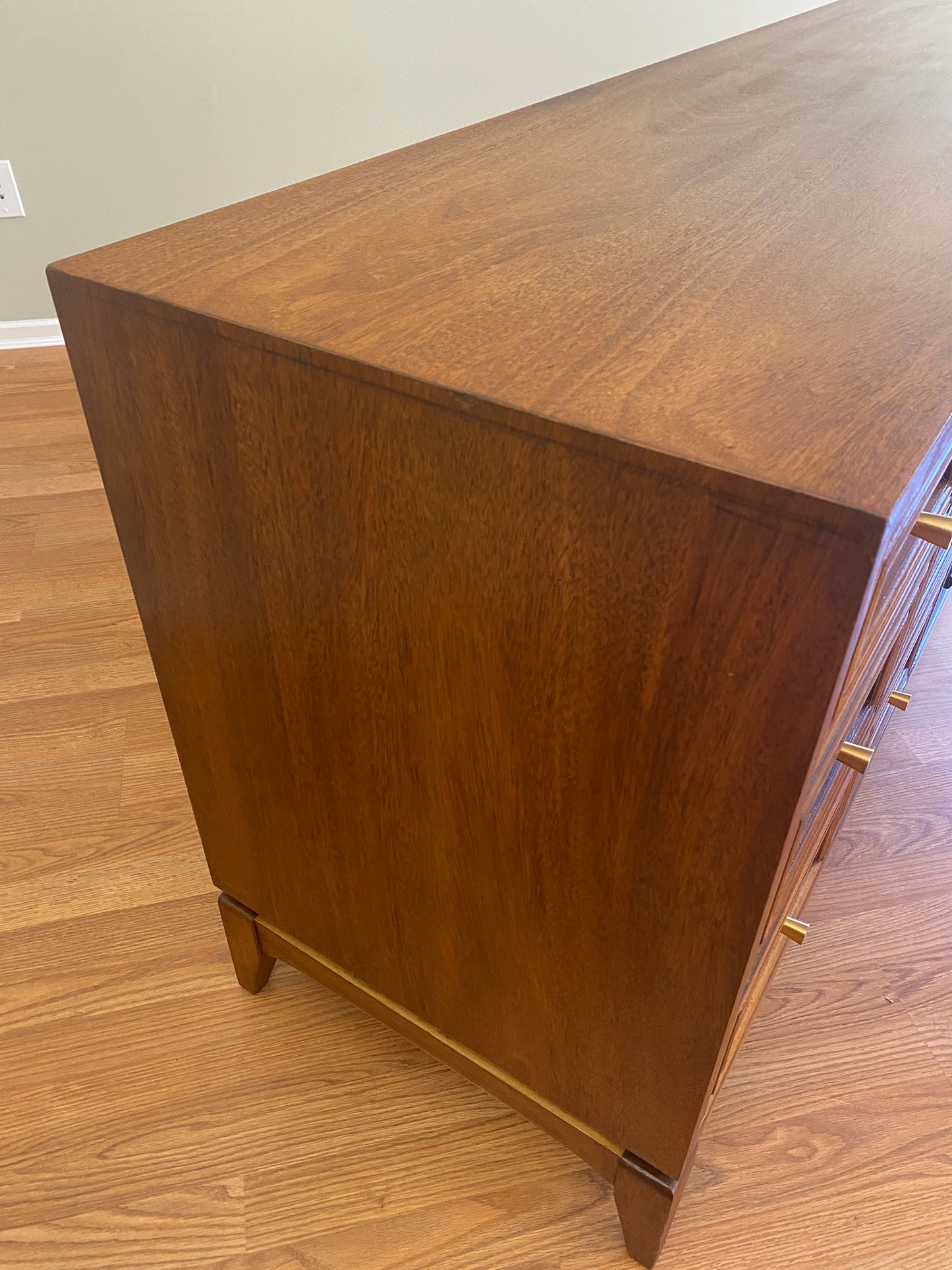 Mid Century Modern 6 Drawer Dresser with Burl Accents and Bespoke Drawer Pulls OOAK by Pepplers