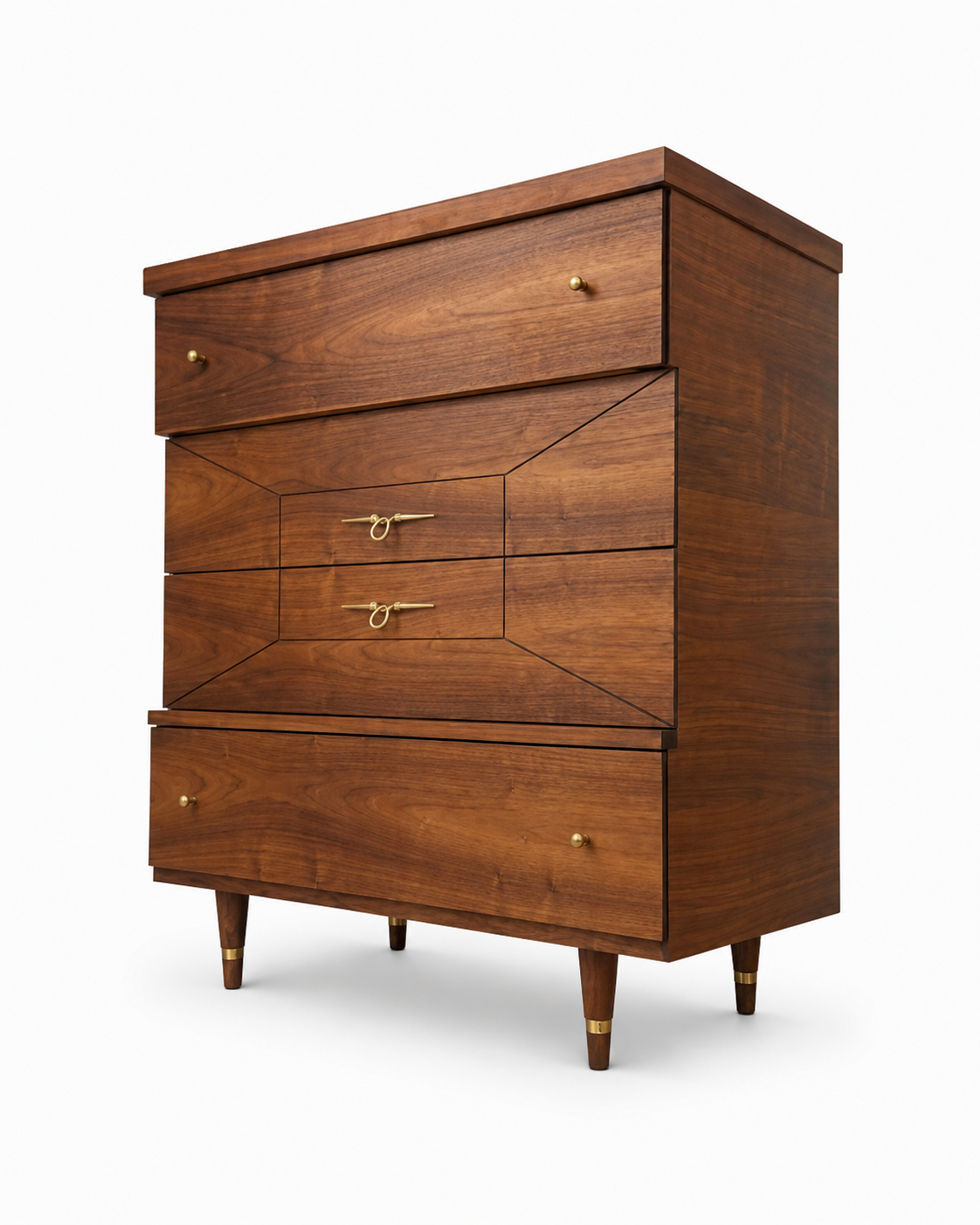 Vintage Walnut 4 Drawer Highboy with Geometric Inlay
