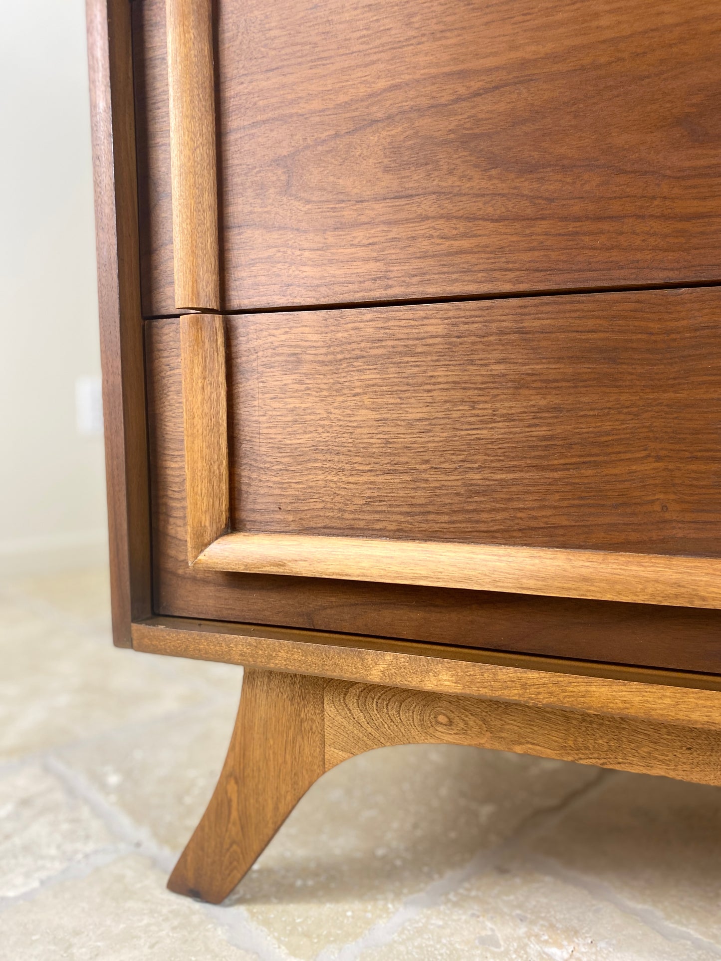 Mid Century Modern Tall Walnut Dresser with front angled legs and 4 drawers