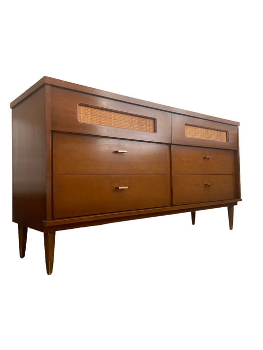 Mid Century Modern 6-drawer Dresser with Cane Rattan Accents