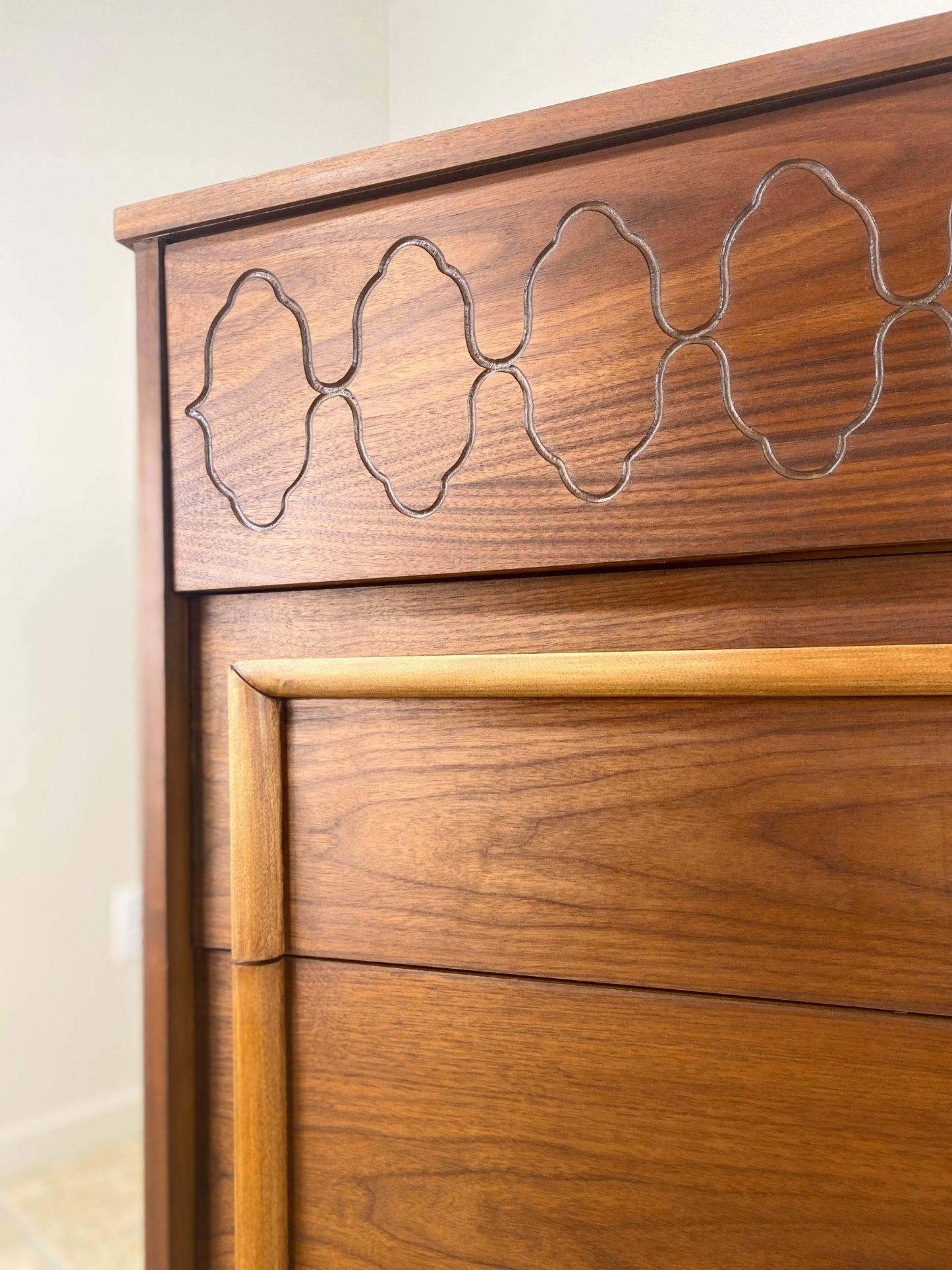 Mid Century Modern Tall Walnut Dresser with front angled legs and 4 drawers