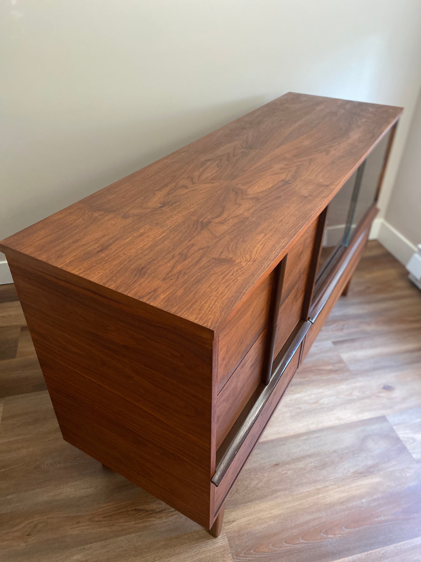 Mid Century Modern Walnut Credenza with Sliding Glass Doors