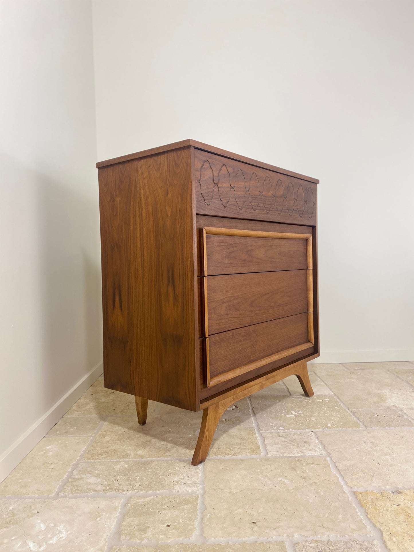 Mid Century Modern Tall Walnut Dresser with front angled legs and 4 drawers