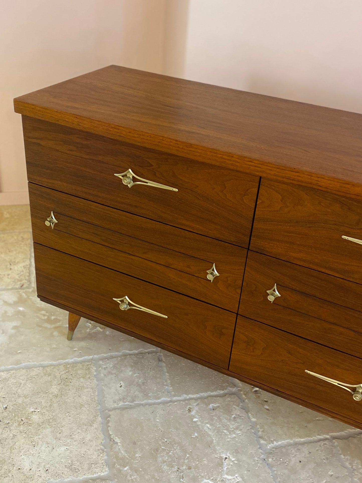 Mid Century Modern Walnut Dresser with Original Atomic Starburst Hardware