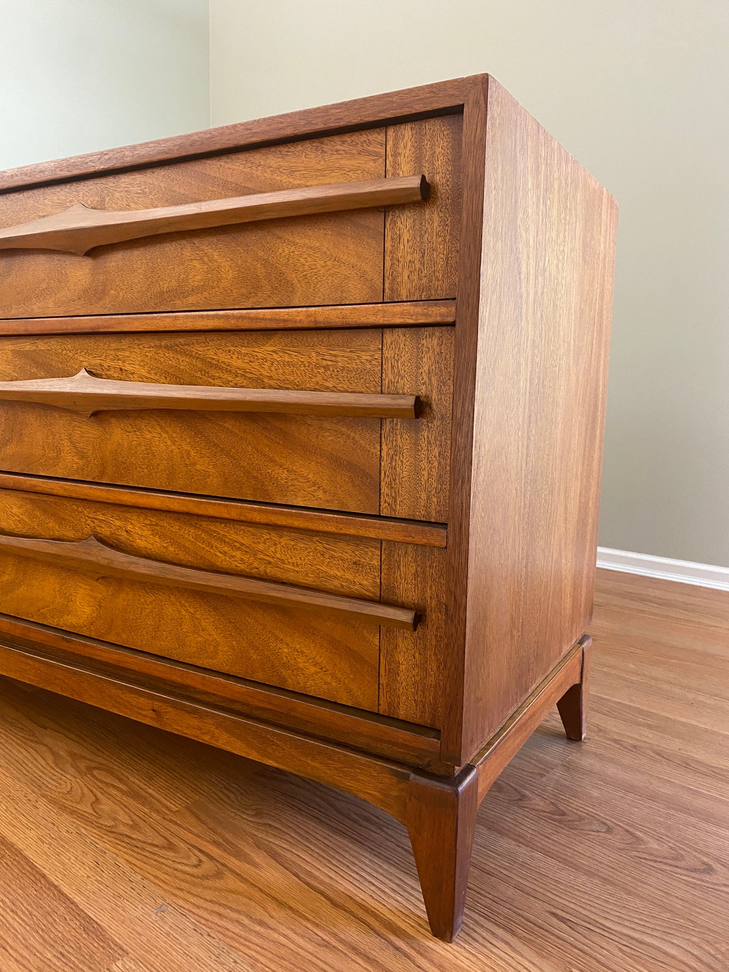 Mid Century Modern 6 Drawer Dresser with Burl Accents and Bespoke Drawer Pulls OOAK by Pepplers