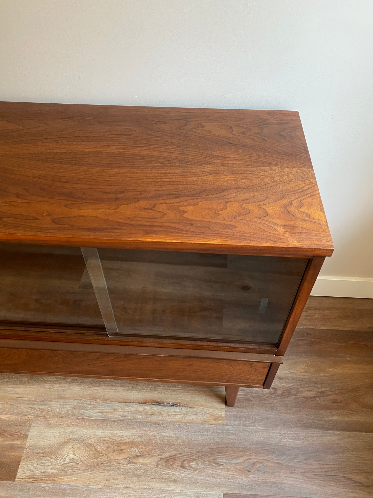 Mid Century Modern Walnut Credenza with Sliding Glass Doors