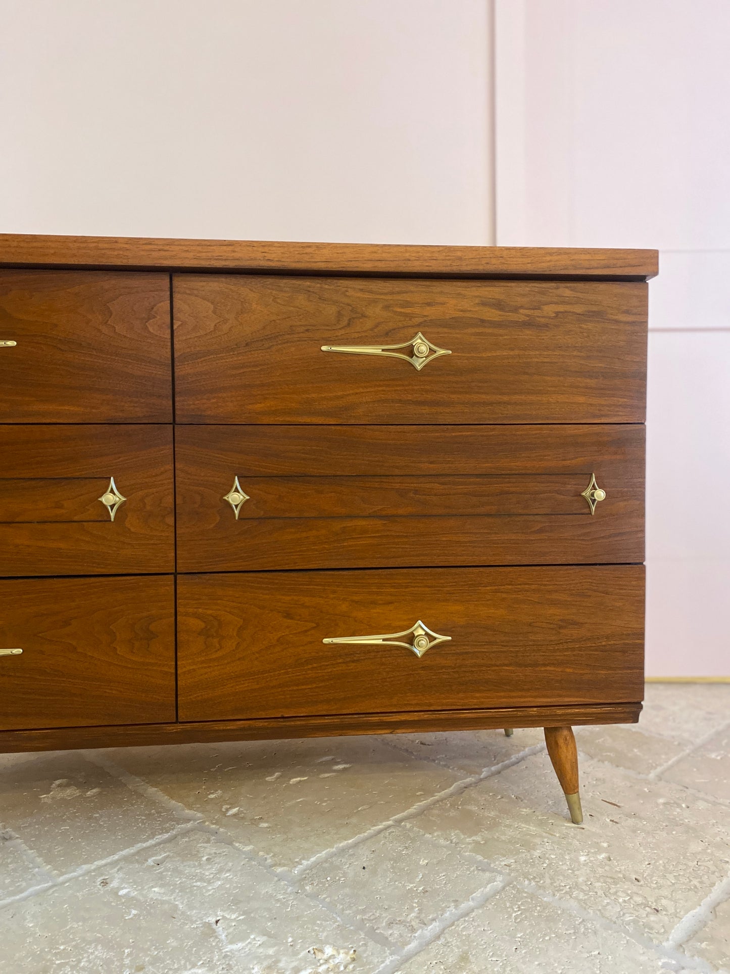 Mid Century Modern Walnut Dresser with Original Atomic Starburst Hardware