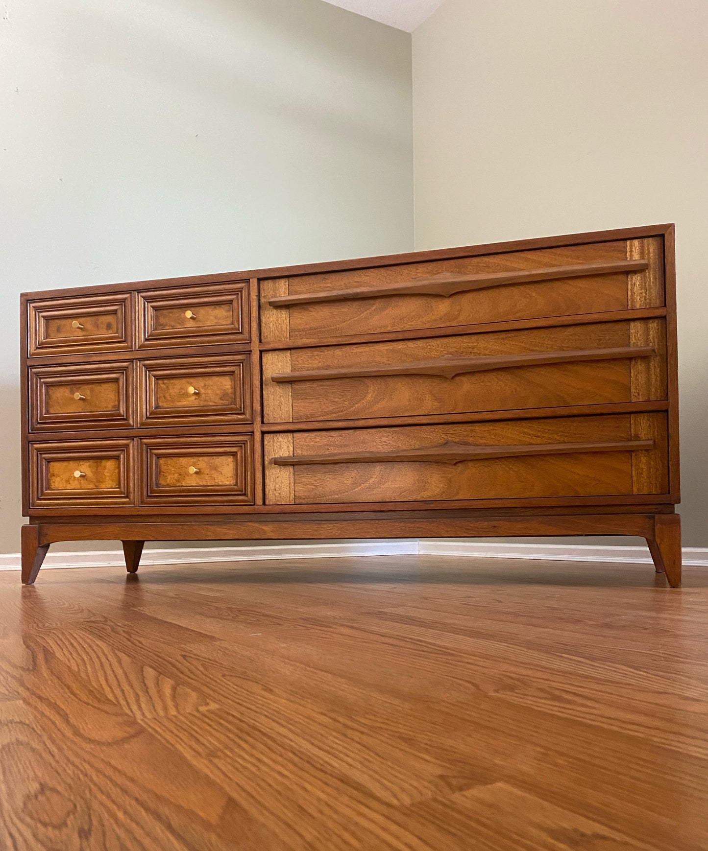 Mid Century Modern 6 Drawer Dresser with Burl Accents and Bespoke Drawer Pulls OOAK by Pepplers