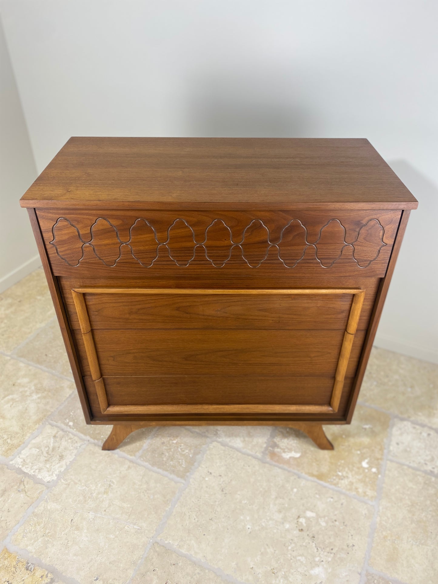 Mid Century Modern Tall Walnut Dresser with front angled legs and 4 drawers