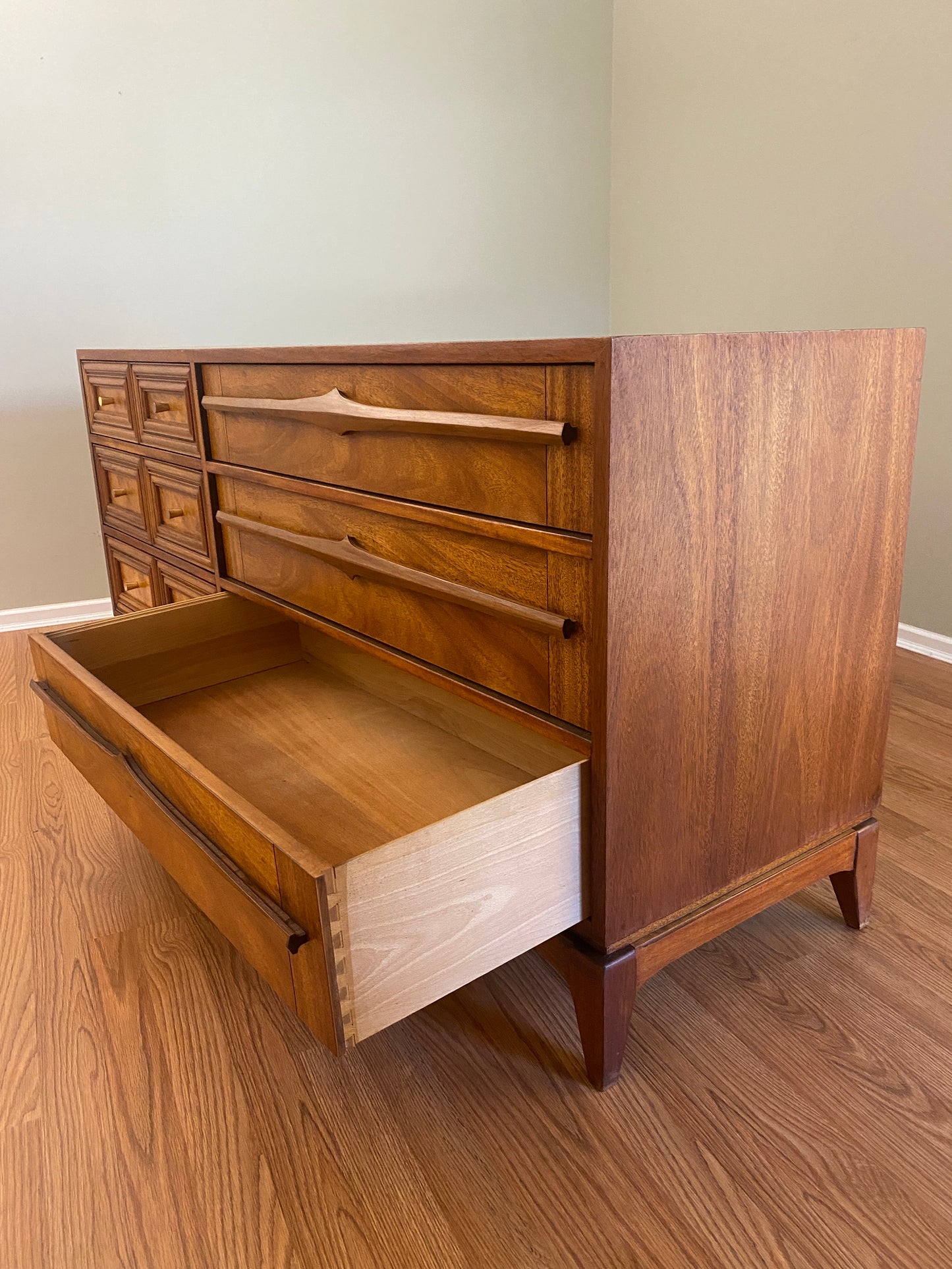 Mid Century Modern 6 Drawer Dresser with Burl Accents and Bespoke Drawer Pulls OOAK by Pepplers