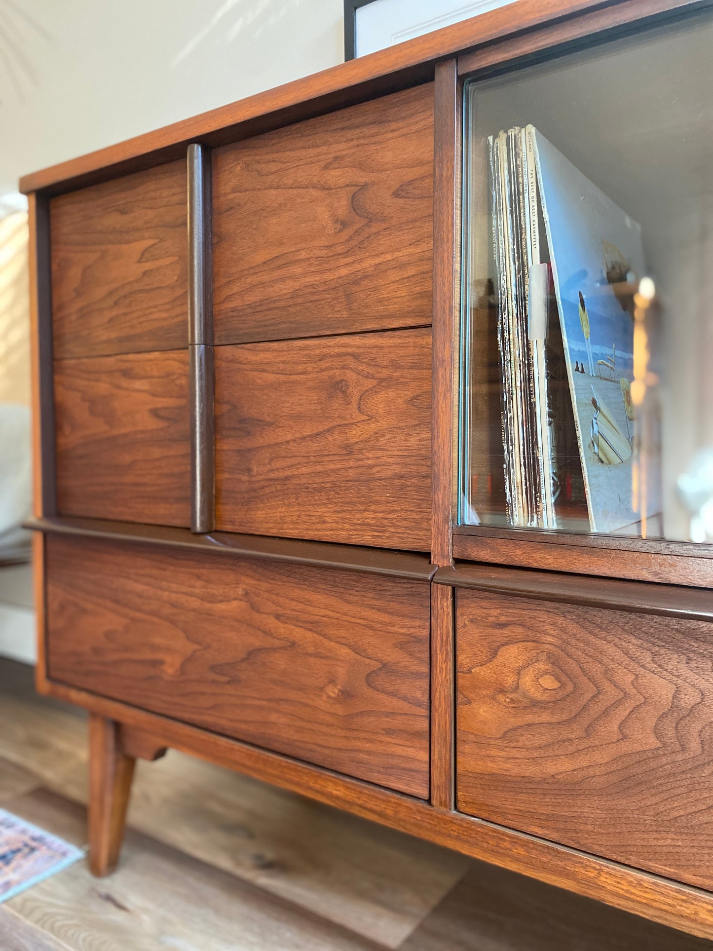 Mid Century Modern Walnut Credenza with Sliding Glass Doors