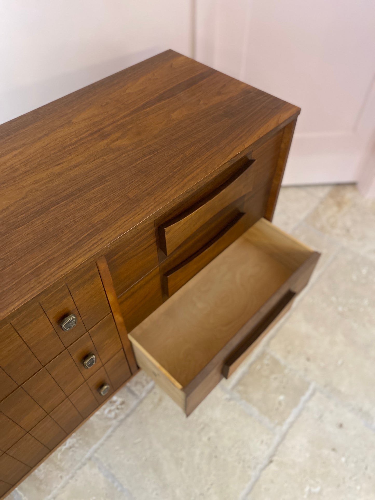 Mid Century Modern Dresser with Brutalist pulls and Bow-Tie Handles