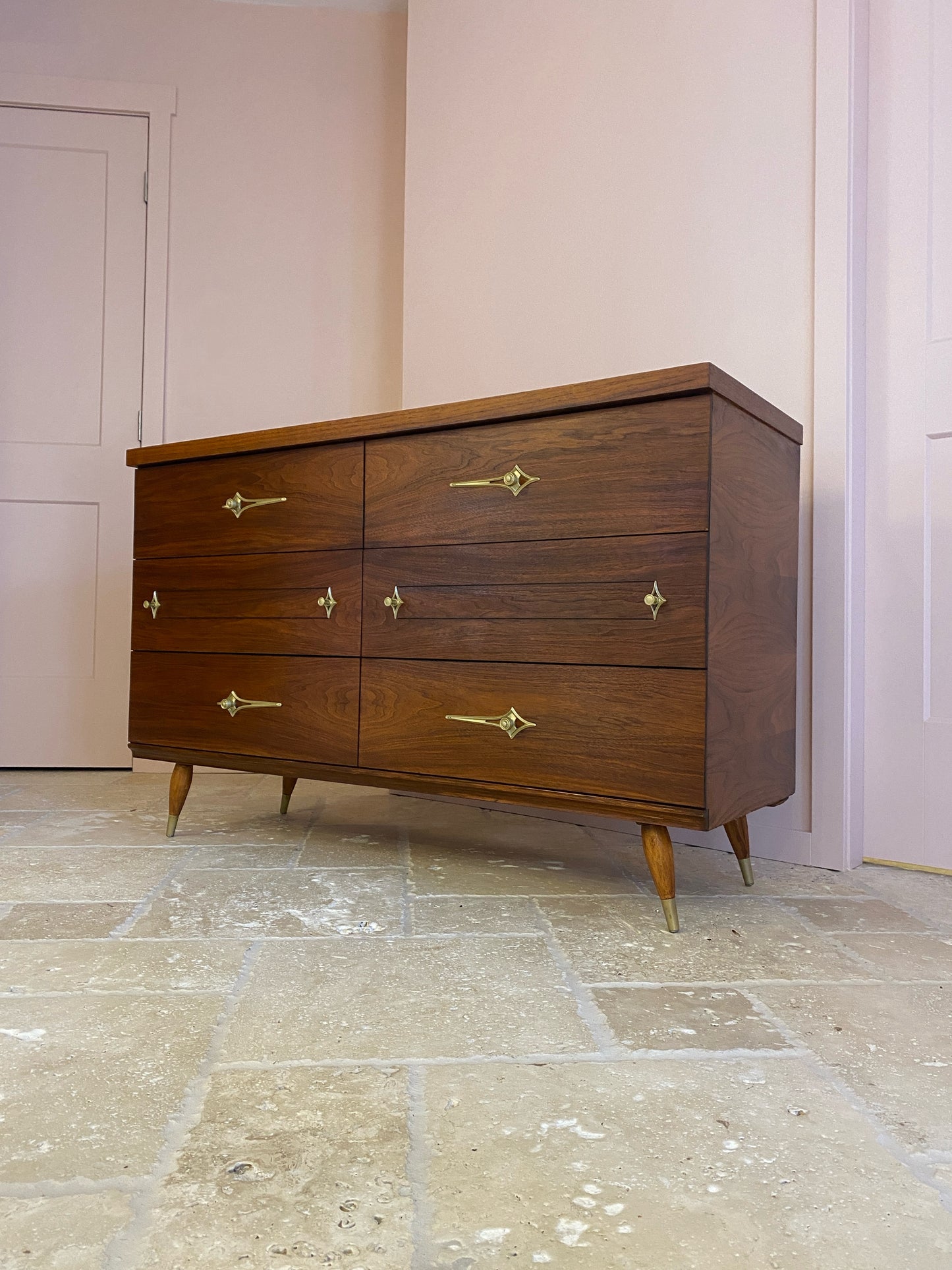 Mid Century Modern Walnut Dresser with Original Atomic Starburst Hardware