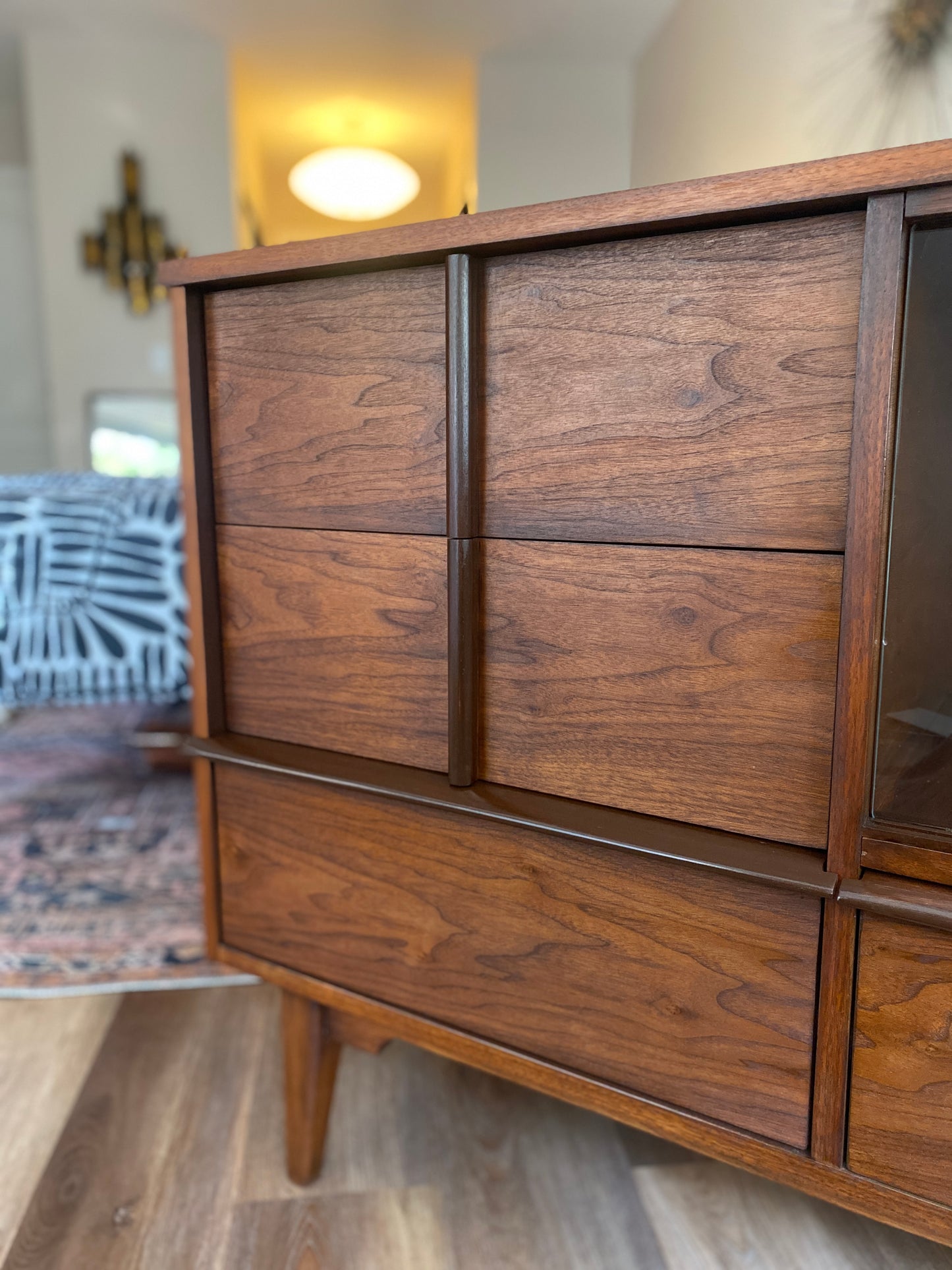 Mid Century Modern Walnut Credenza with Sliding Glass Doors