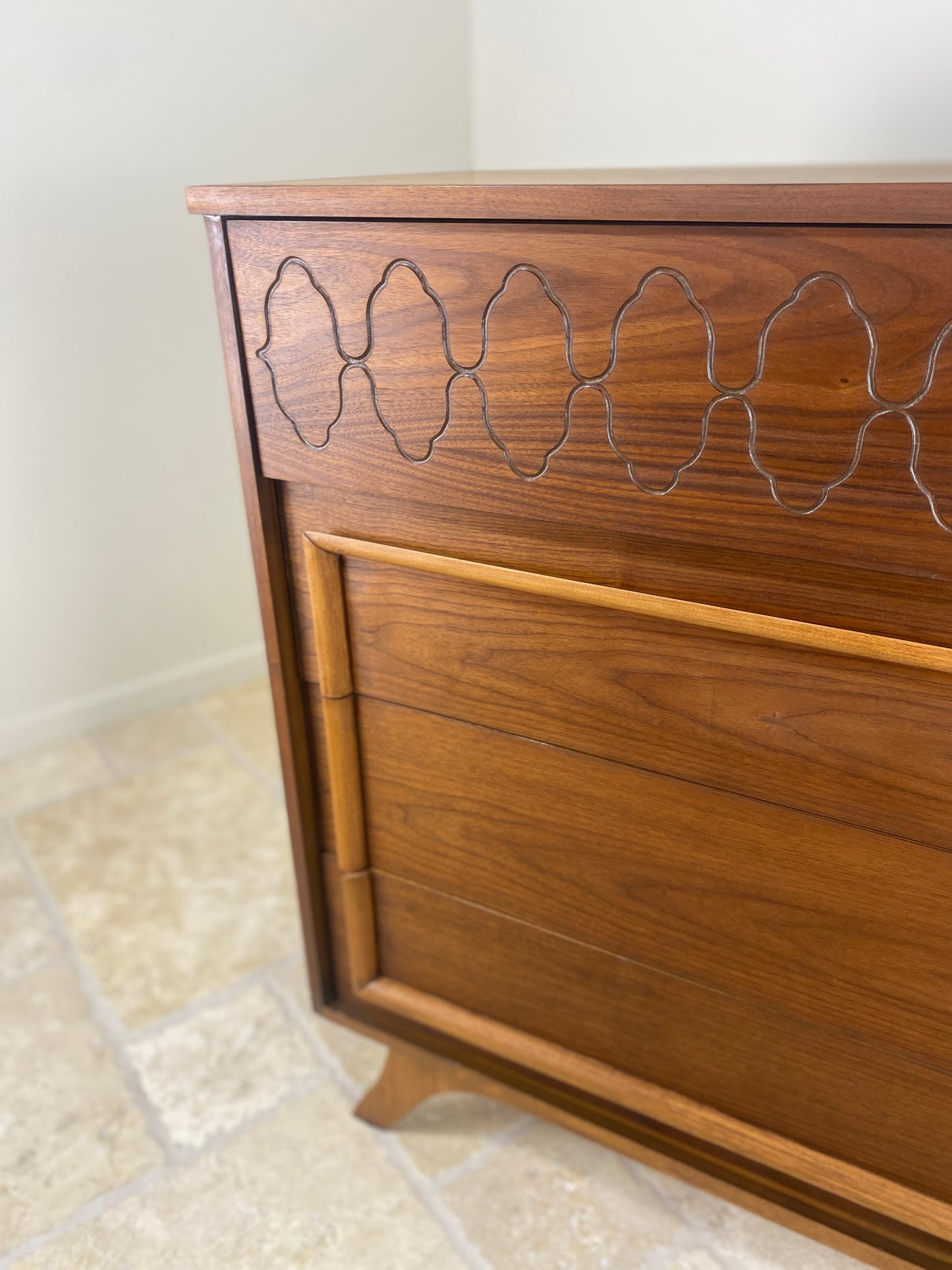 Mid Century Modern Tall Walnut Dresser with front angled legs and 4 drawers