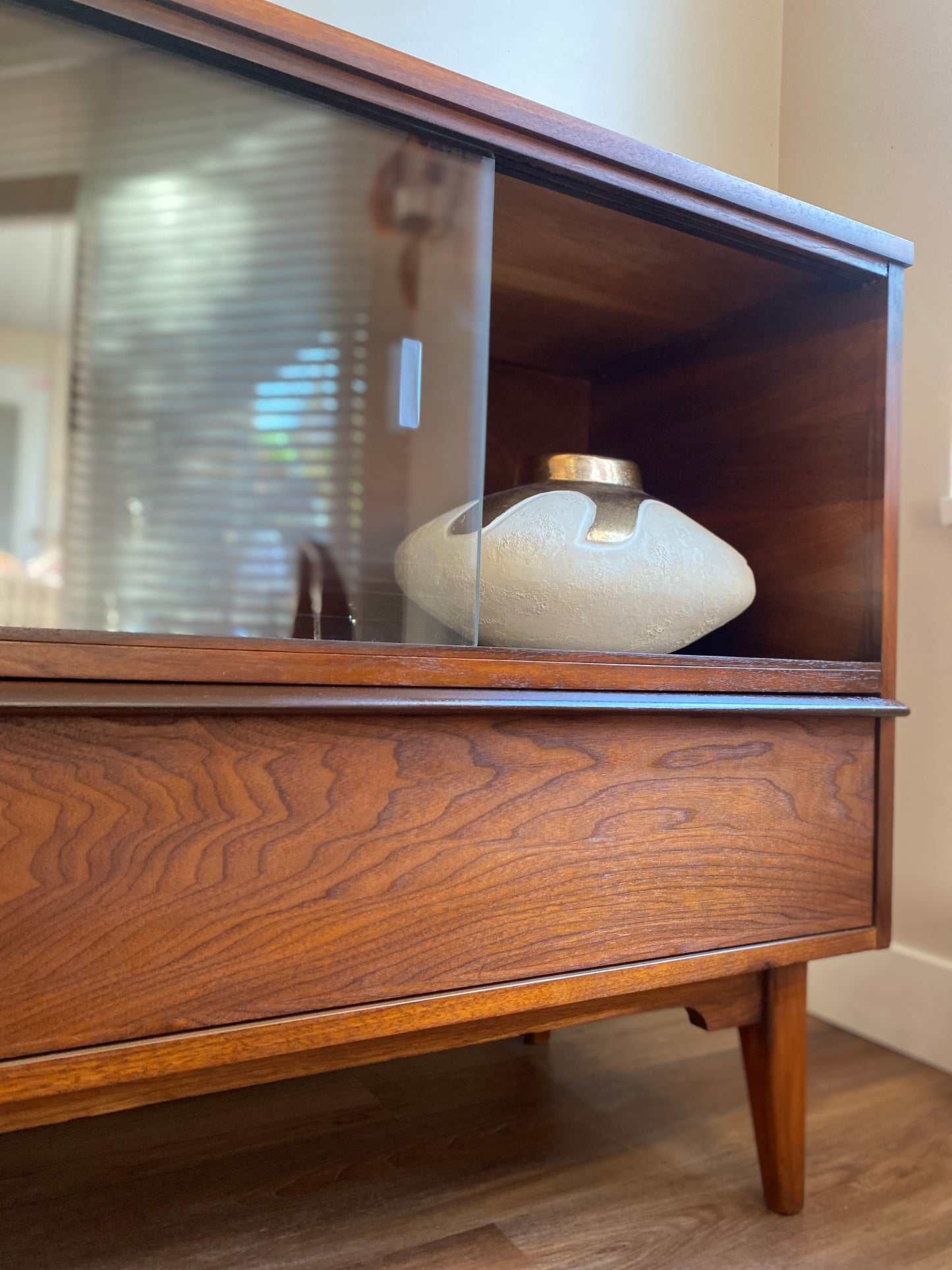 Mid Century Modern Walnut Credenza with Sliding Glass Doors