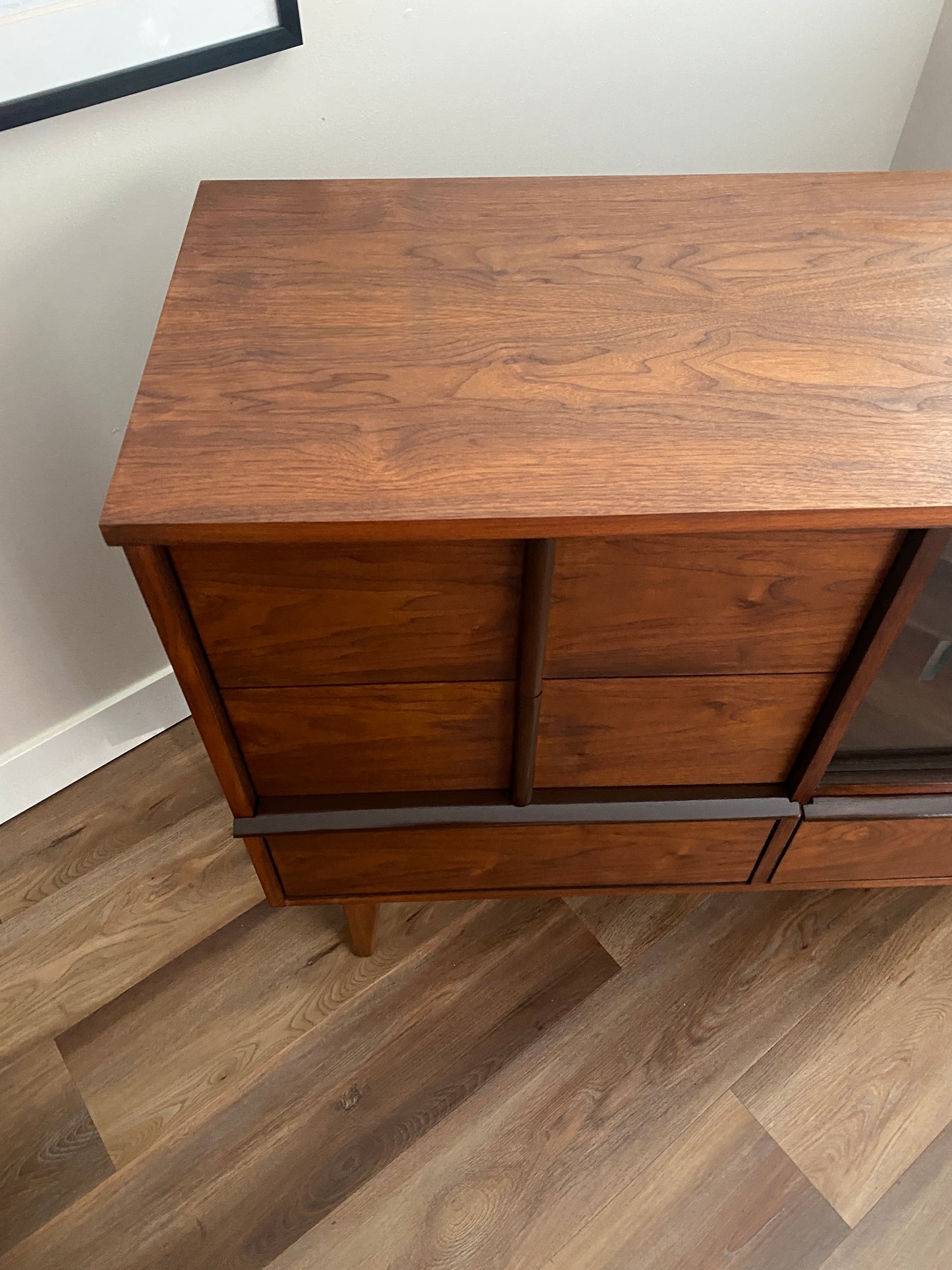 Mid Century Modern Walnut Credenza with Sliding Glass Doors