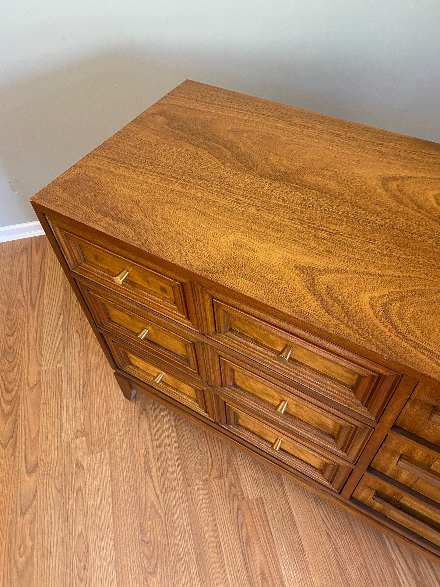 Mid Century Modern 6 Drawer Dresser with Burl Accents and Bespoke Drawer Pulls OOAK by Pepplers