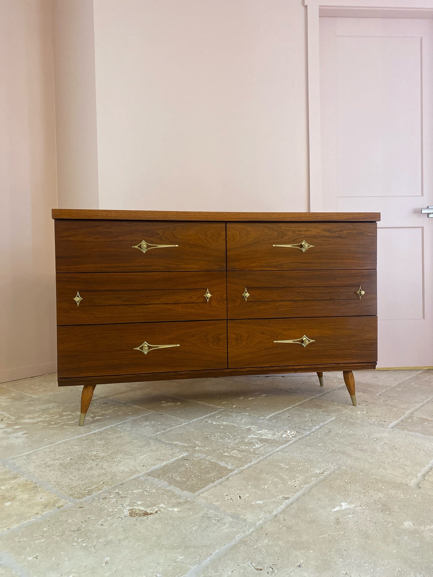 Mid Century Modern Walnut Dresser with Original Atomic Starburst Hardware