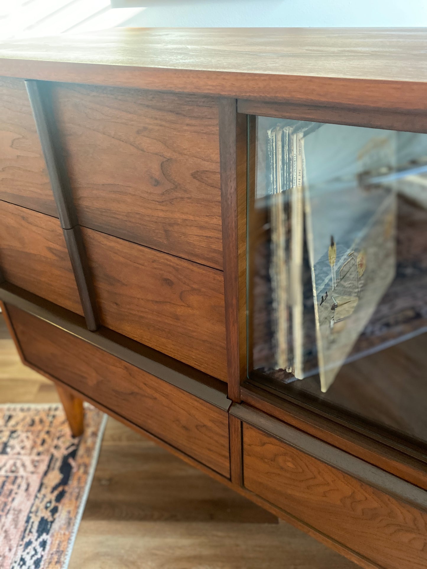 Mid Century Modern Walnut Credenza with Sliding Glass Doors