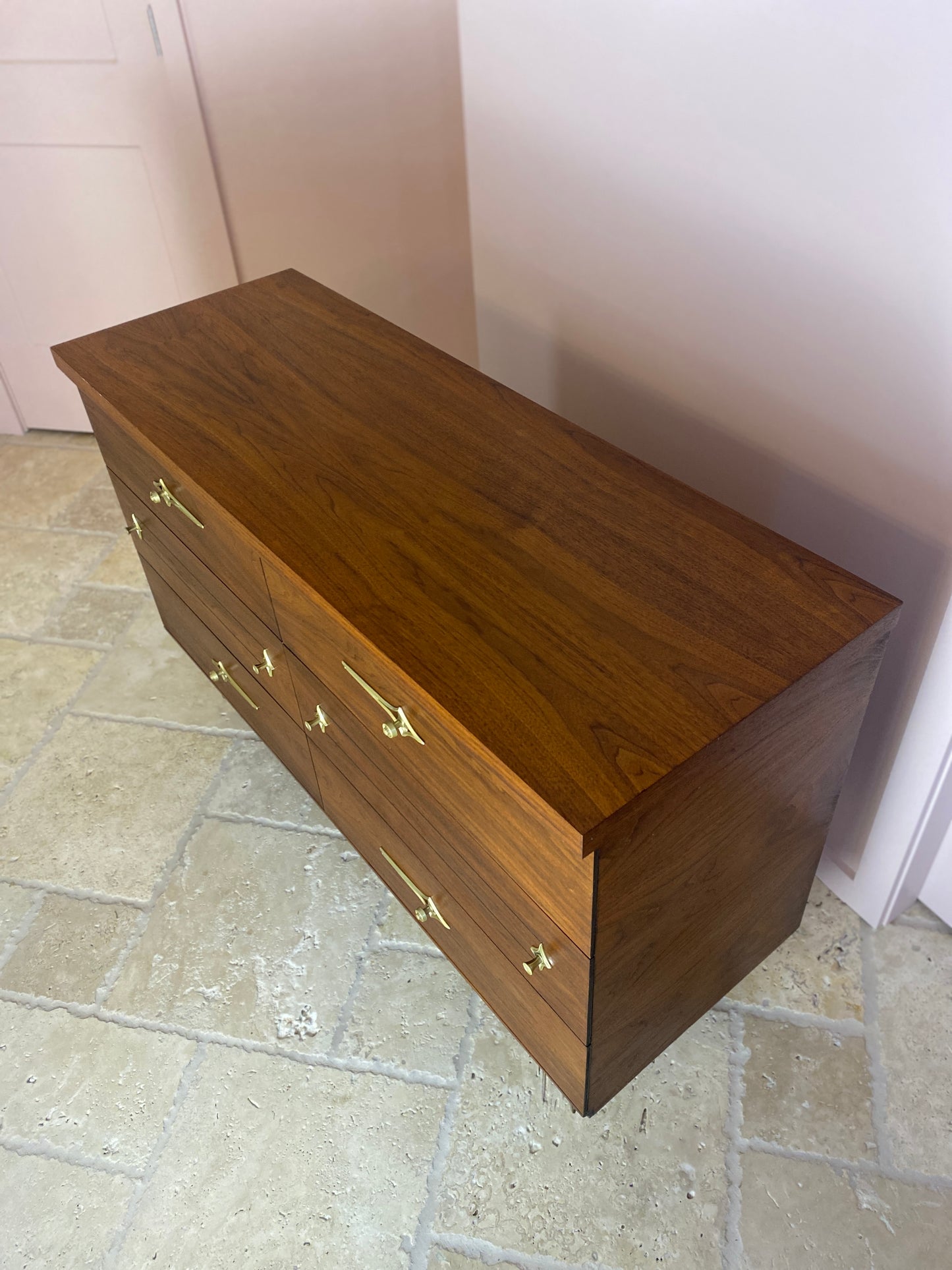 Mid Century Modern Walnut Dresser with Original Atomic Starburst Hardware