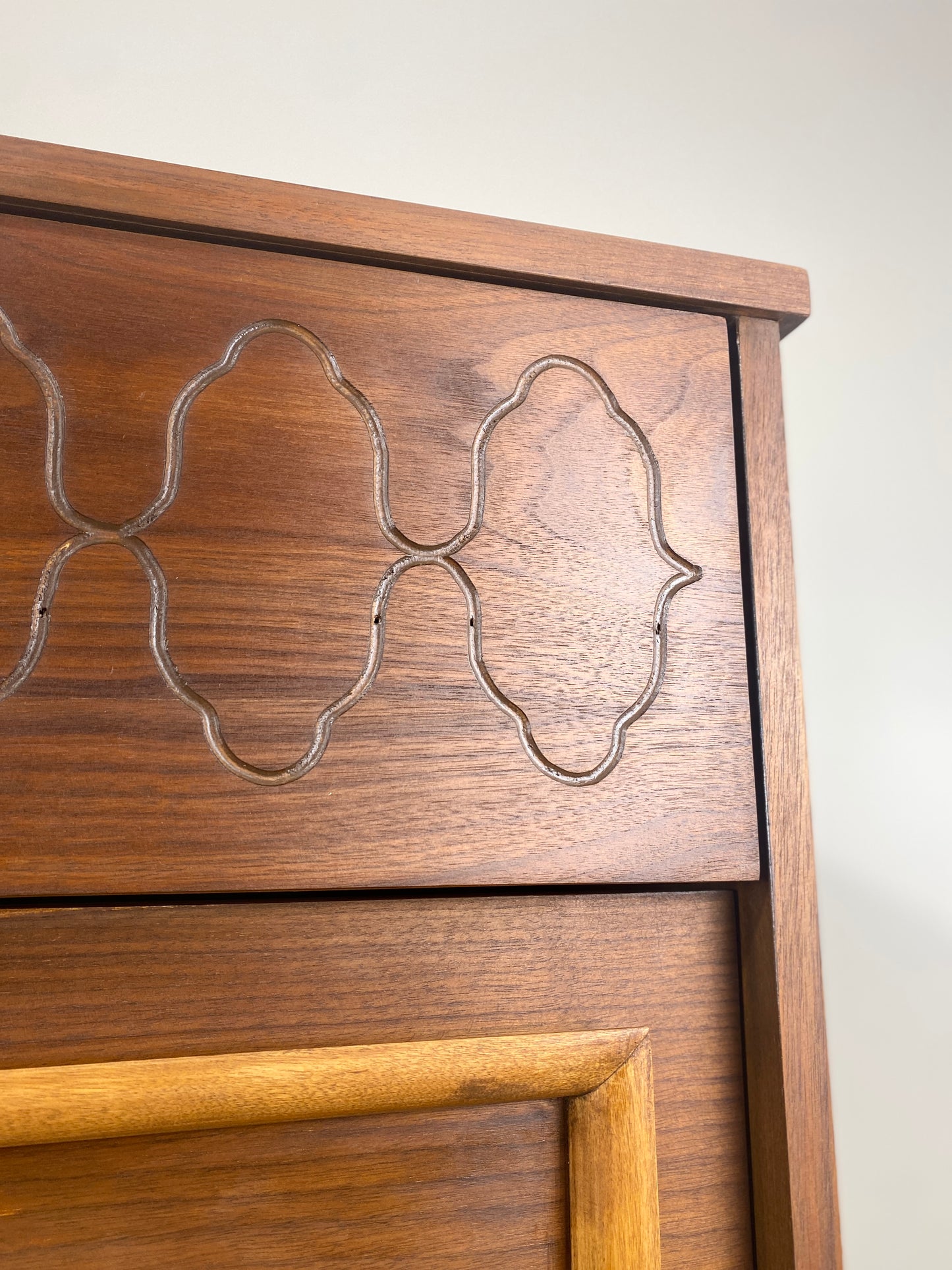 Mid Century Modern Tall Walnut Dresser with front angled legs and 4 drawers