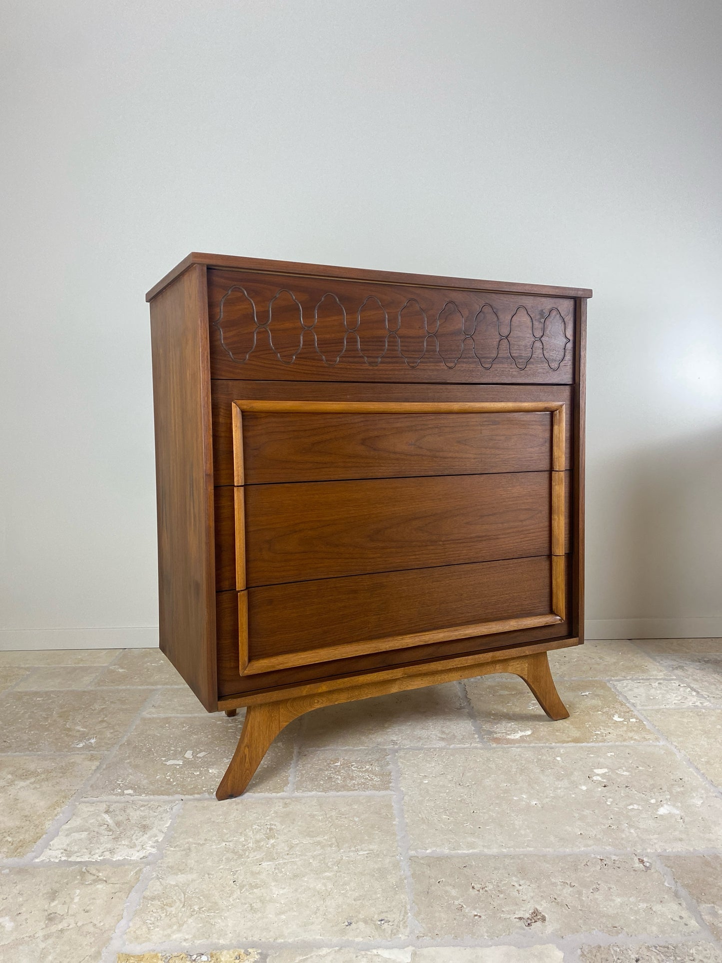 Mid Century Modern Tall Walnut Dresser with front angled legs and 4 drawers