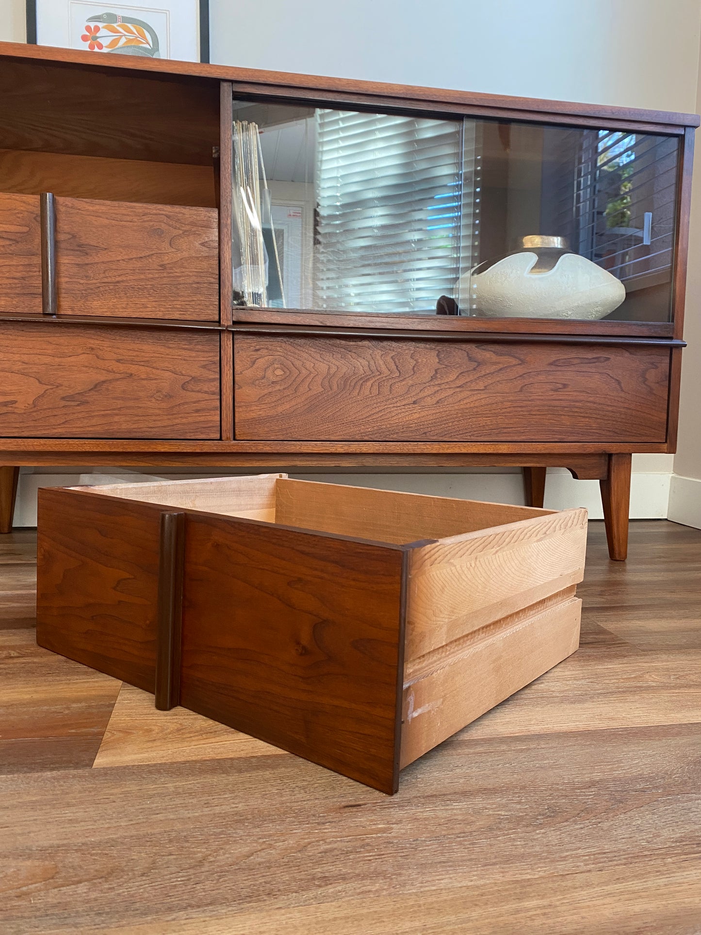 Mid Century Modern Walnut Credenza with Sliding Glass Doors