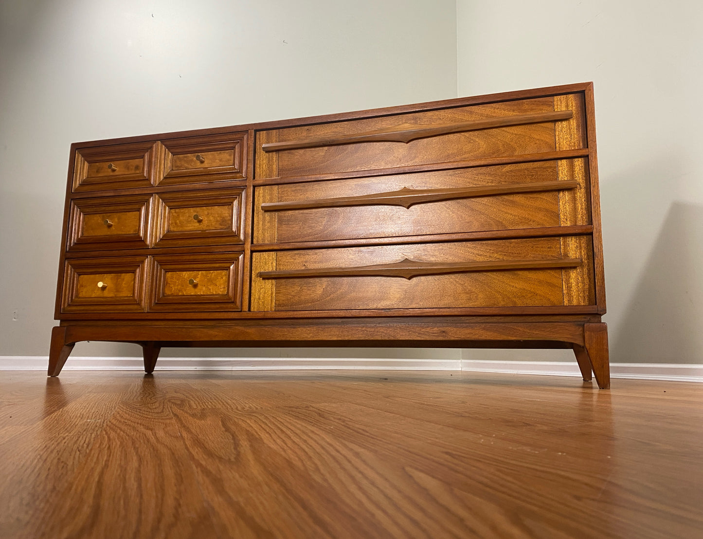 Mid Century Modern 6 Drawer Dresser with Burl Accents and Bespoke Drawer Pulls OOAK by Pepplers