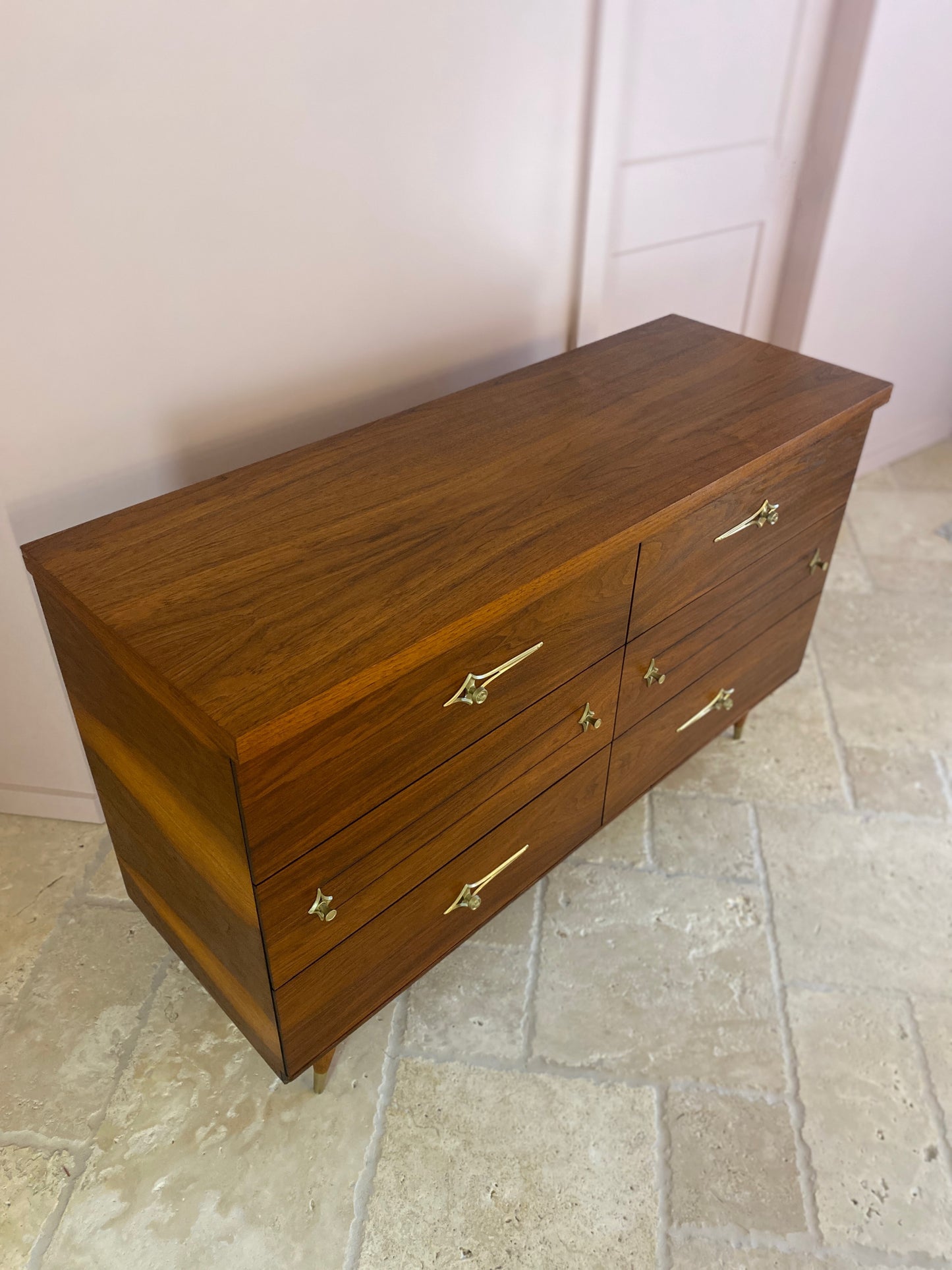 Mid Century Modern Walnut Dresser with Original Atomic Starburst Hardware