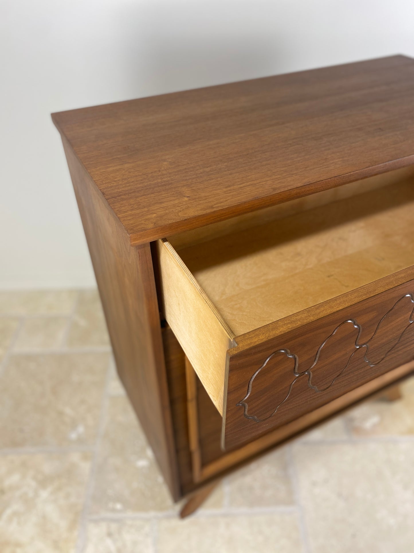 Mid Century Modern Tall Walnut Dresser with front angled legs and 4 drawers