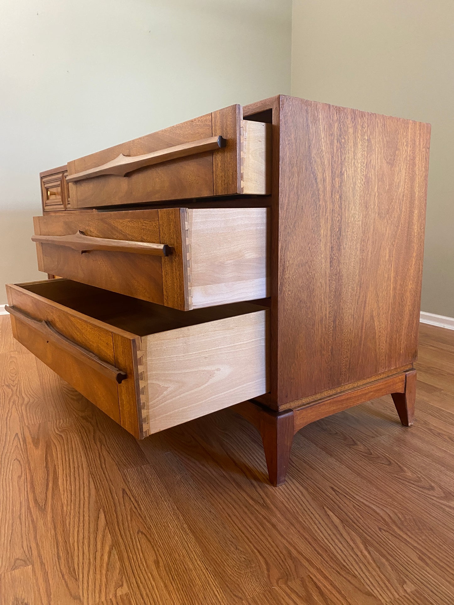 Mid Century Modern 6 Drawer Dresser with Burl Accents and Bespoke Drawer Pulls OOAK by Pepplers