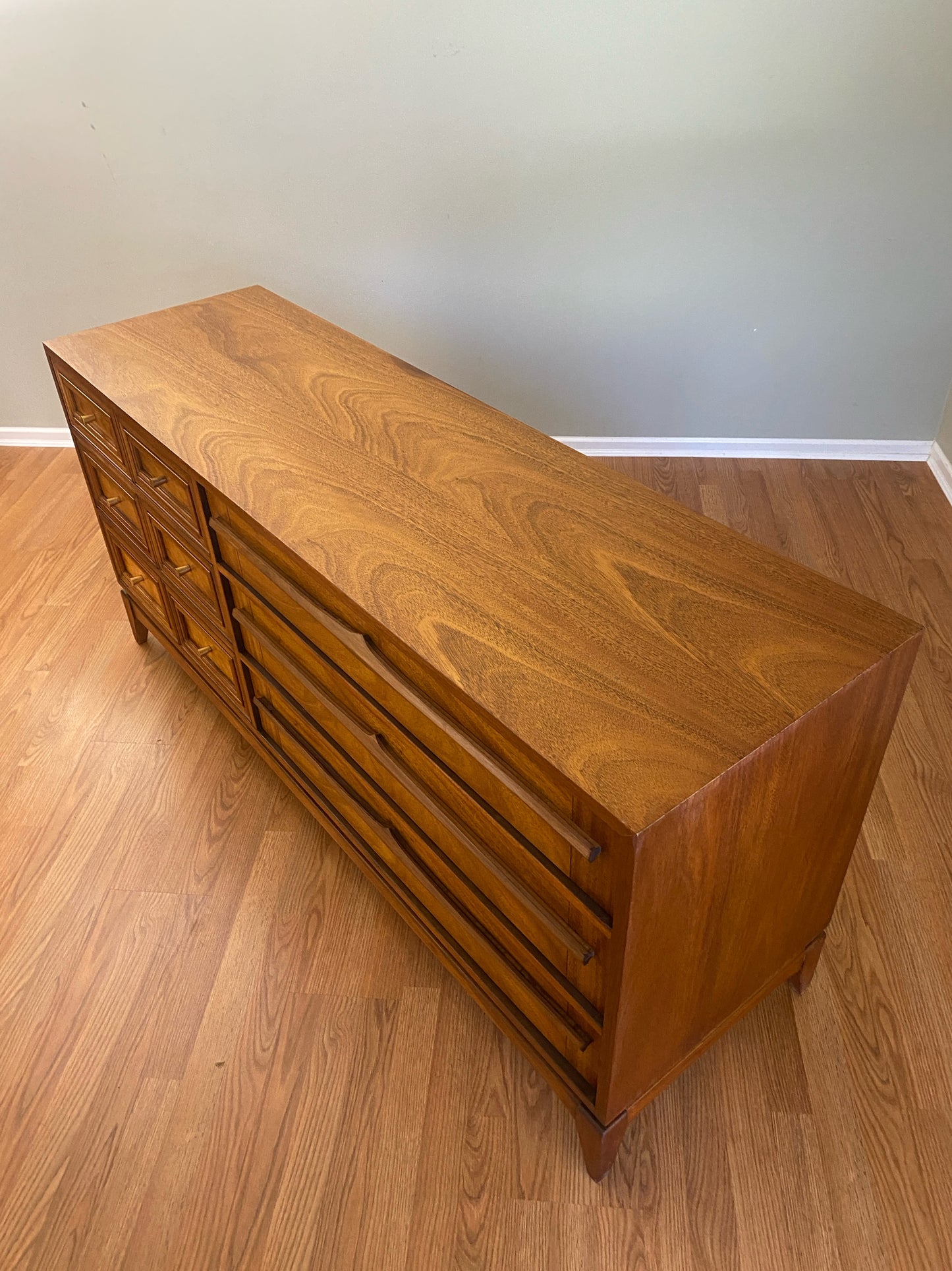 Mid Century Modern 6 Drawer Dresser with Burl Accents and Bespoke Drawer Pulls OOAK by Pepplers