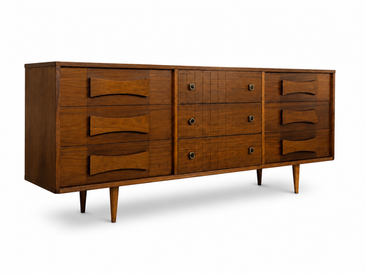 9 Drawer Walnut Dresser with Brutalist Pulls