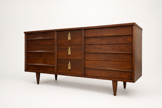 Mid Century Modern Walnut Dresser with 9 Drawers