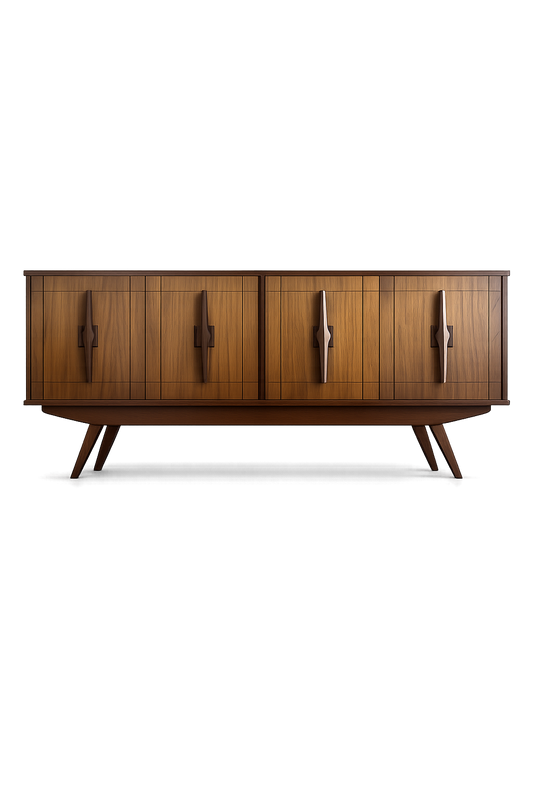 Vintage Long Walnut MCM Credenza with Inlaid Doors