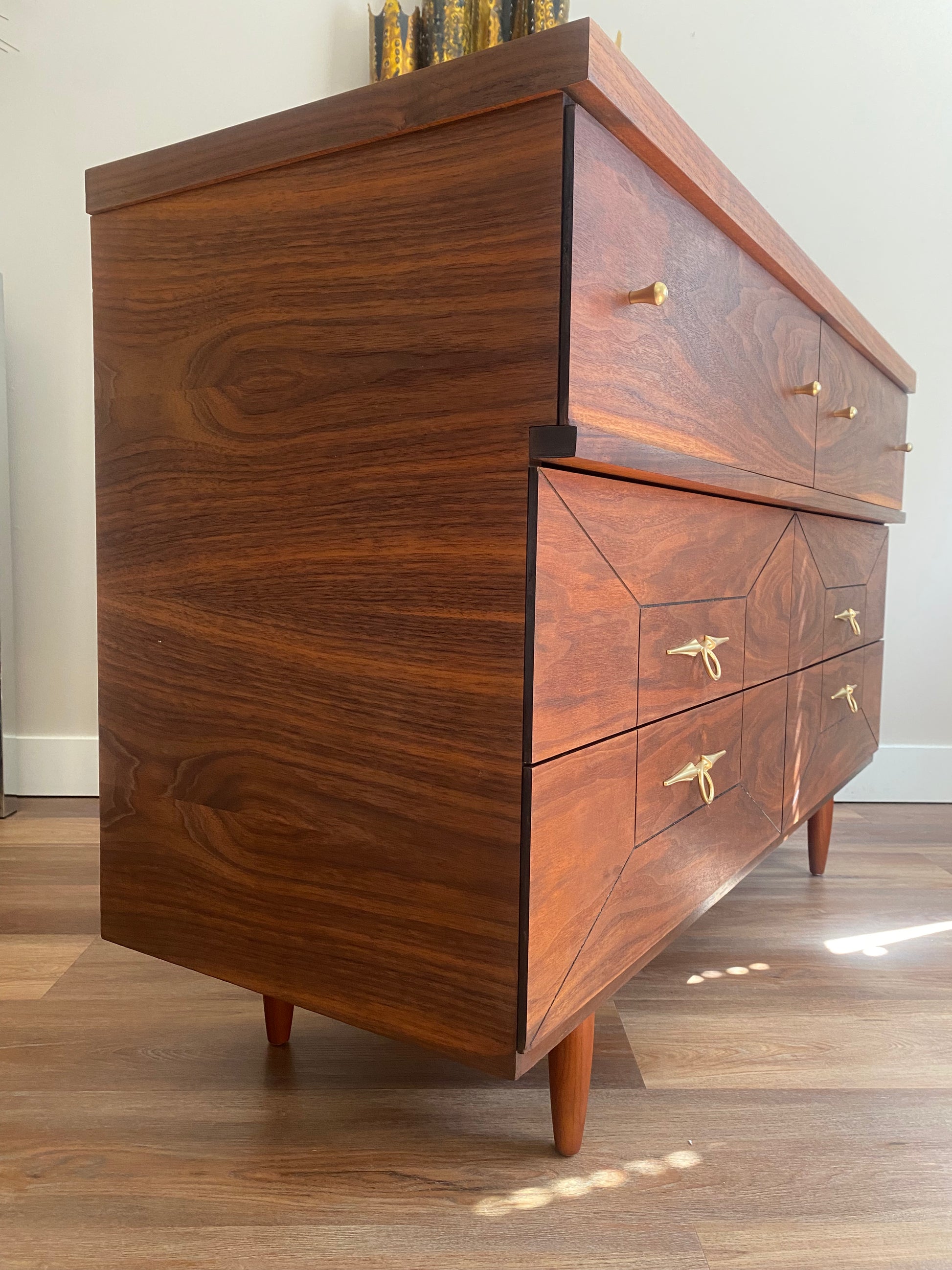 walnut dresser with gold hardware Baxton Studio Cormac Modern and Contemporary Walnut Brown Finished Wood and Gold Metal 8-Drawer Dresser